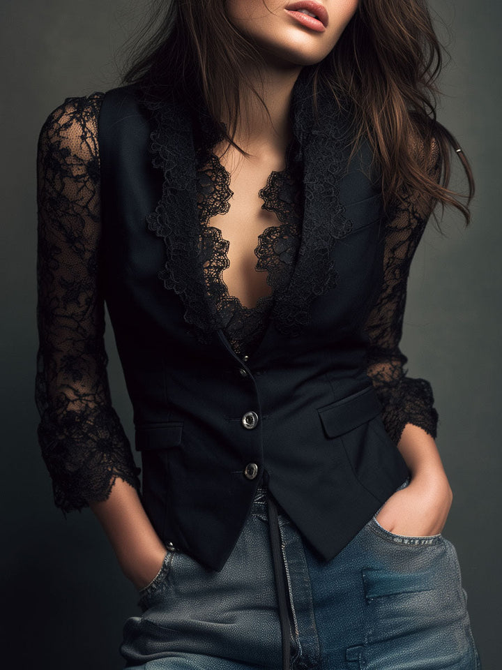 Lucie – Ženski elegantni sako s čipkastim rukavima